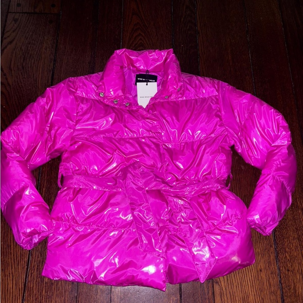 Who What Wear Fuchsia Puffer Jacket pink Barbie shine NWT trend top coat